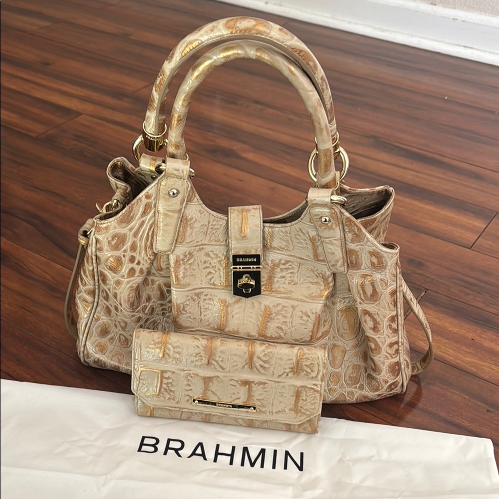 Brahmin Tan Shoulder Bag with Crocodile Embossed Texture